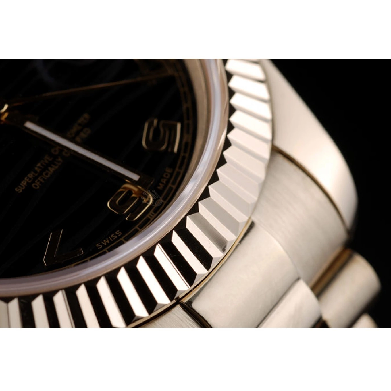 Good Copy Rolex Watches Rolex Steel 41998 Dial Swiss DayDate Ribbed Black Stainless Bezel Gold 0703